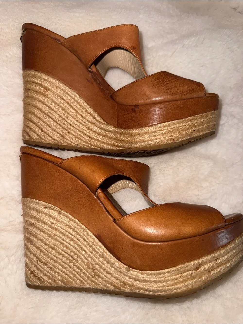 Jimmy Choo Cognac Leather Espadrille Wedge Sandals